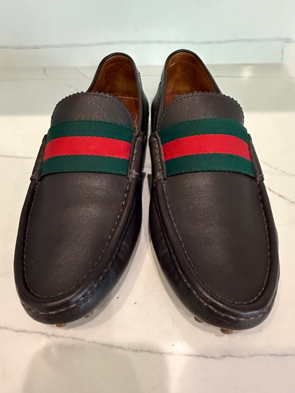 Gucci Brown Leather Slip-On Loafers with Green & Red Web Stripe - Picture 4 of 8